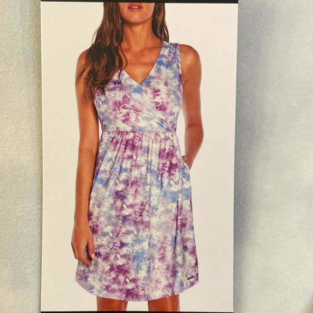 NWT Eddie Bauer Wrap Dress Pockets Stretch Fabric Lavender Blue White WM SZ L